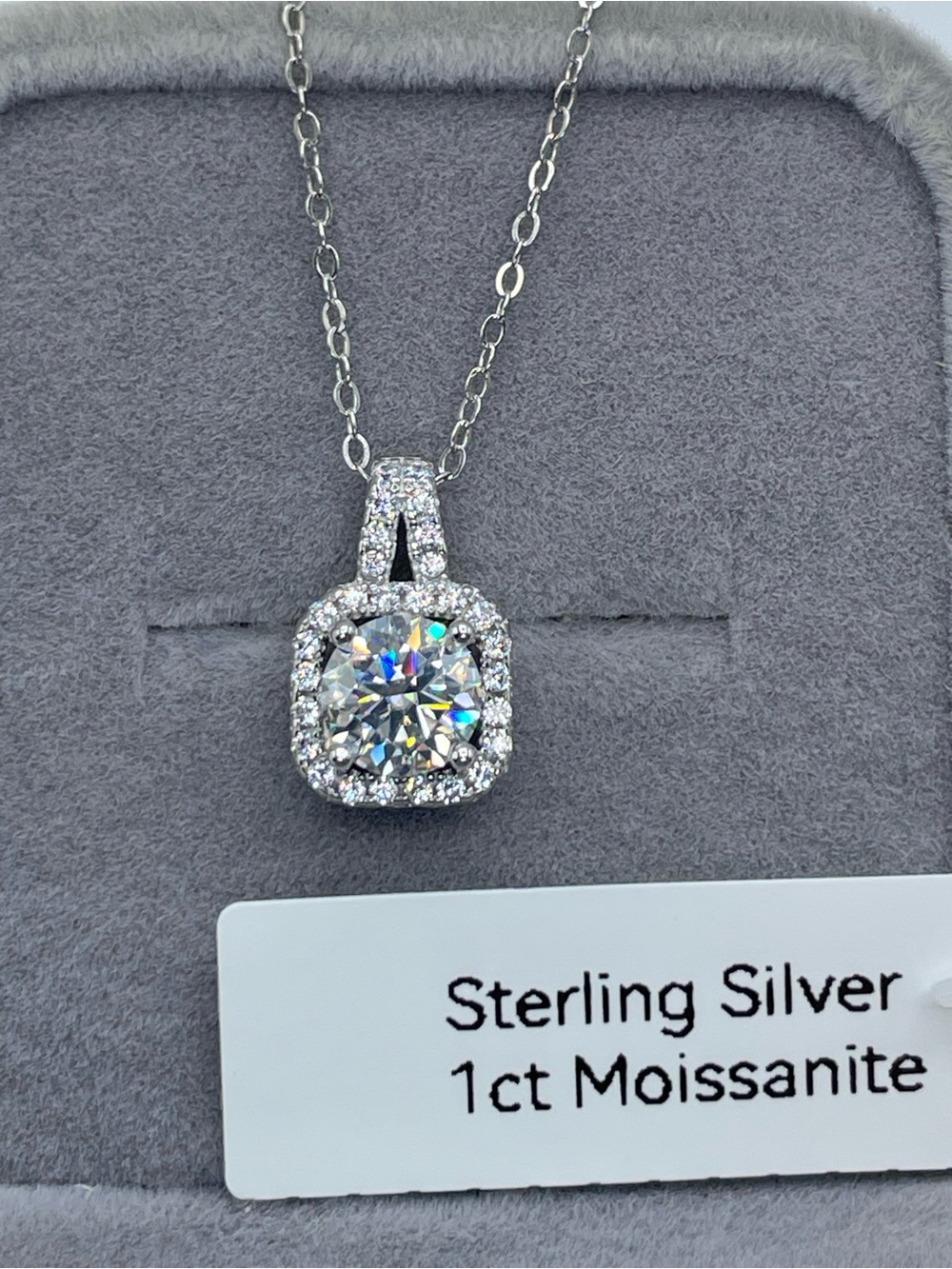 925 Sterling Silver 1ct White Moissanite Halo Pendant Necklace Glam